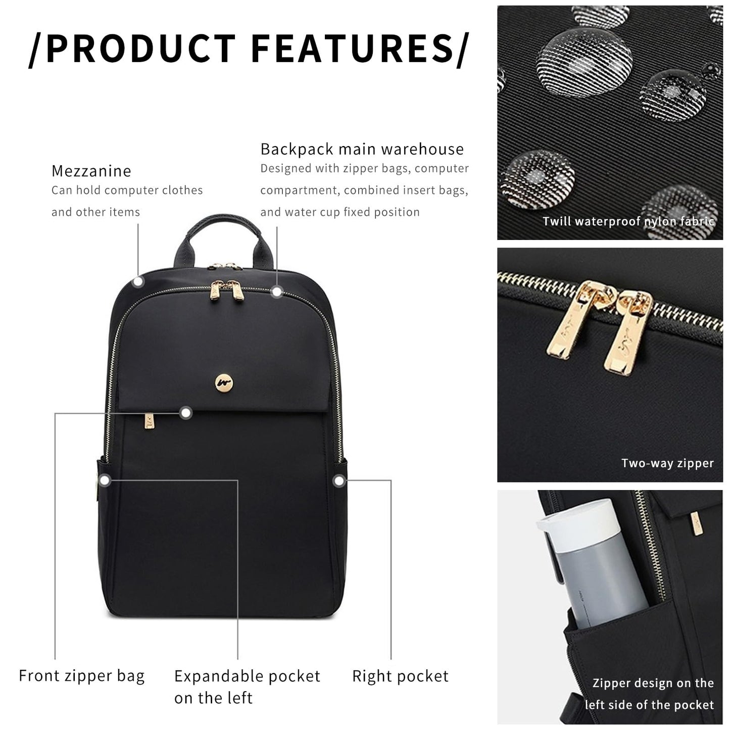 Rucsac pentru laptop Dollcini pentru femei – impermeabil, ergonomic, pentru laptop de 15,6", geantă de călătorie cu mai multe compartimente