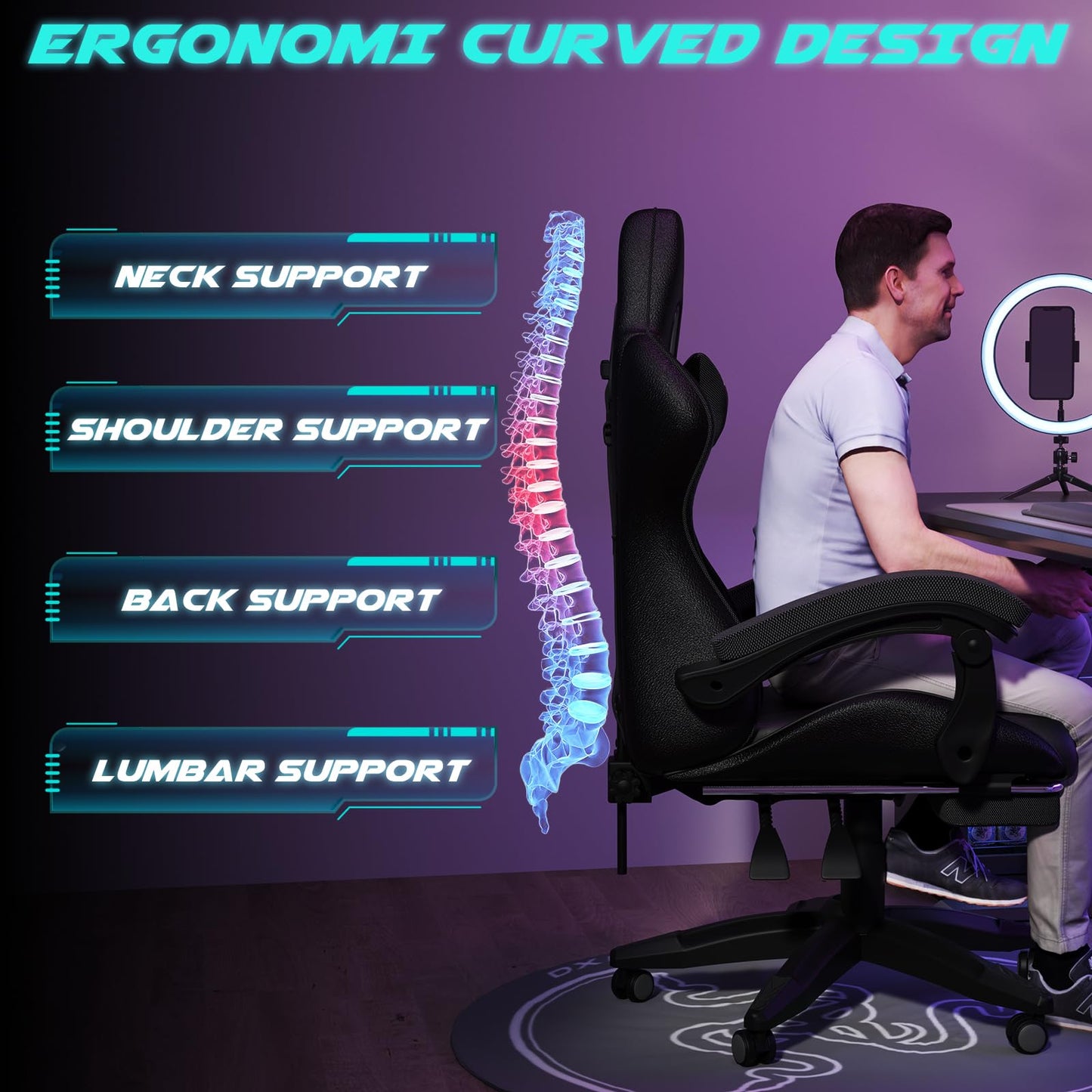 Dollcini Otthon, Bigzzia scaun ergonomic de gaming - scaun de birou cu spătar înalt și scaun de gaming