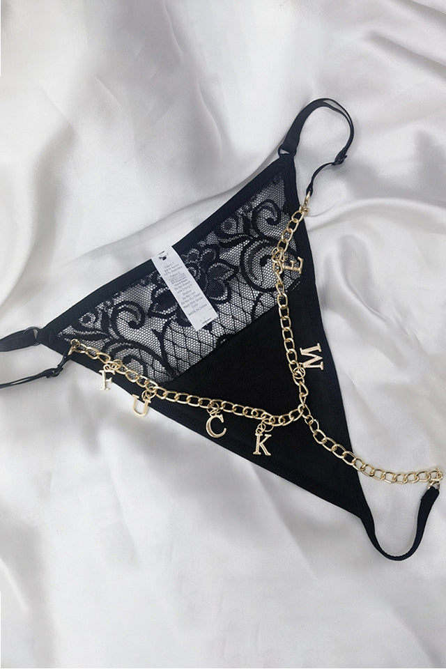 Tanga sexy personalizabilă din dantelă pentru femei – Lanț auriu cu litere în talie, cadou lenjerie intimă pentru soție/prietena