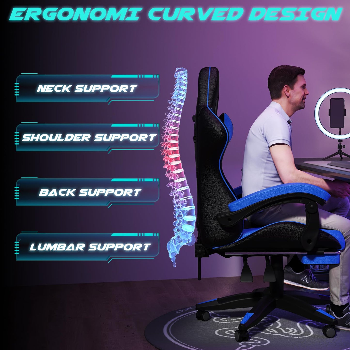 Dollcini Otthon, Bigzzia scaun ergonomic de gaming - scaun de birou cu spătar înalt și scaun de gaming