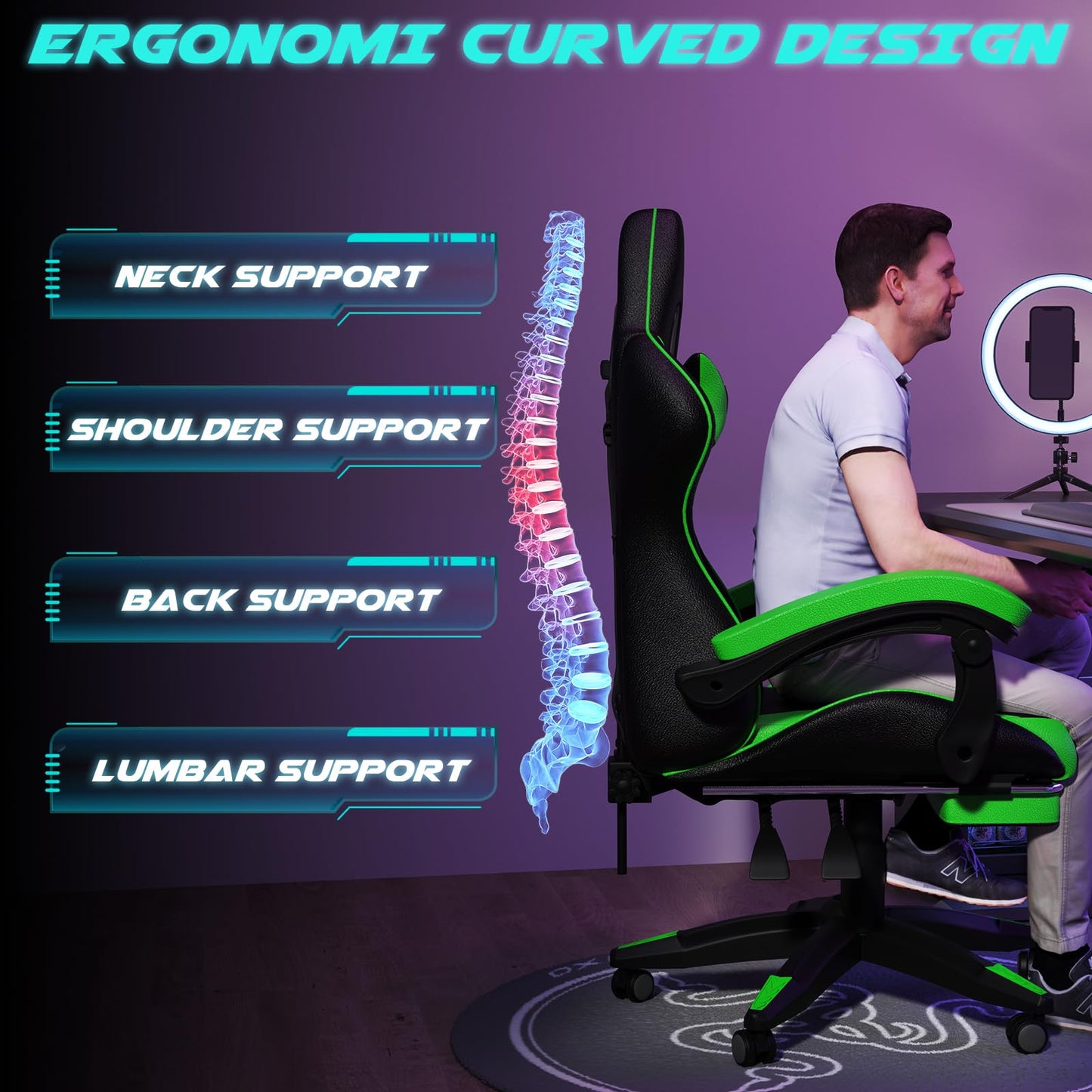 Dollcini Otthon, Bigzzia scaun ergonomic de gaming - scaun de birou cu spătar înalt și scaun de gaming