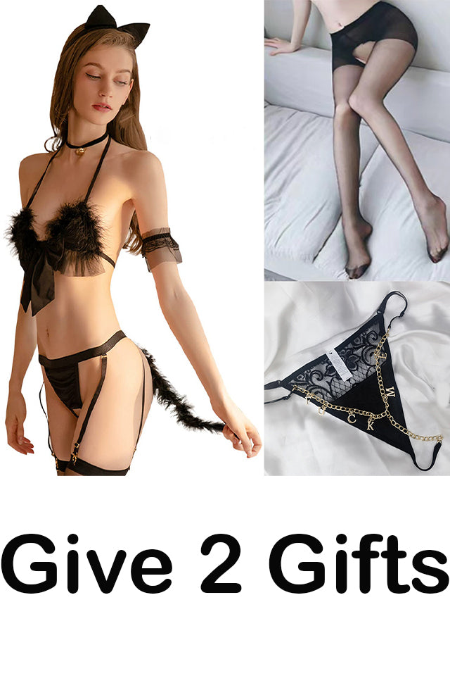 Body sexy pentru femei pisică cu voal negru – lenjerie intimă deschisă, set pentru urechi cu cadou