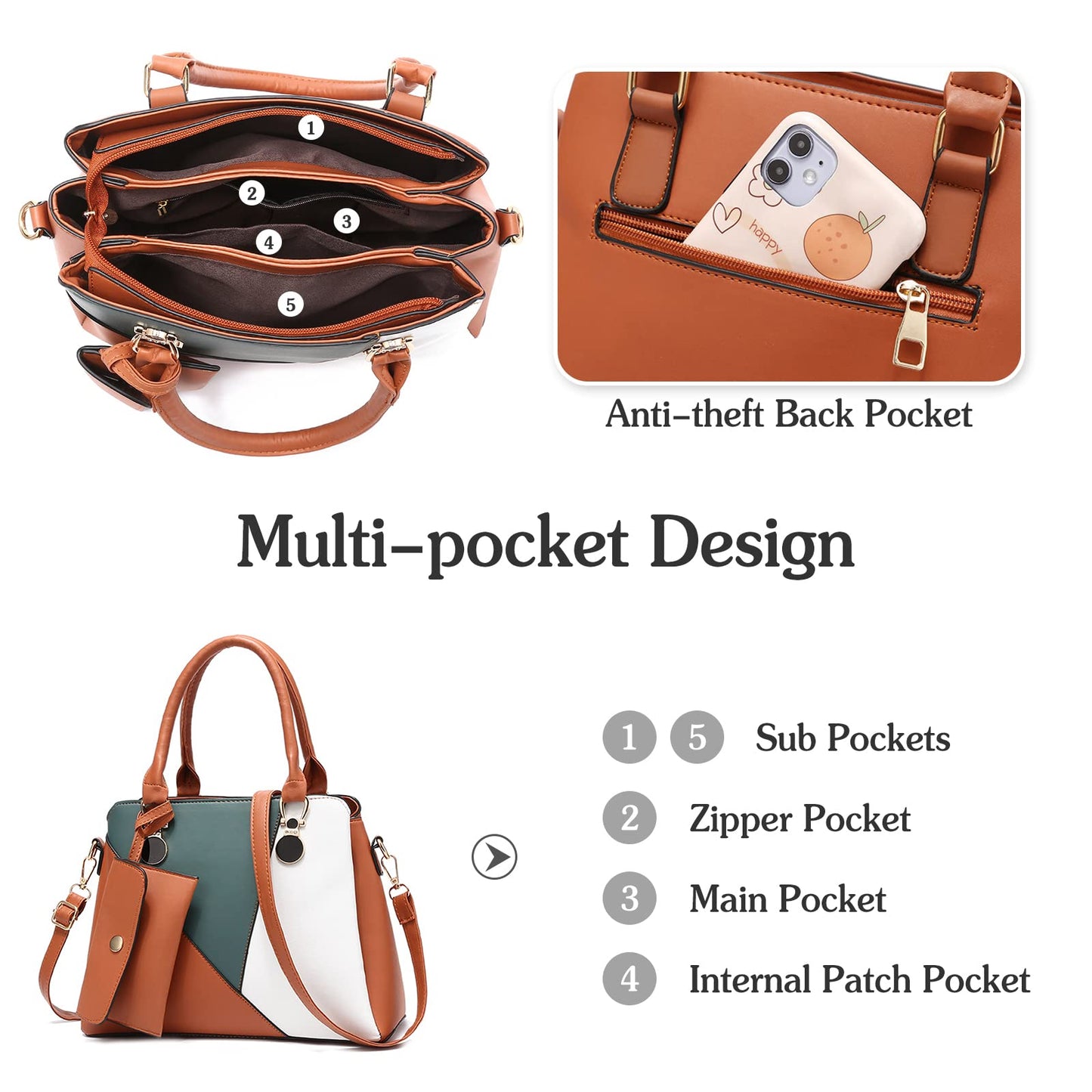 Geantă de mână Dollcini tricoloră pentru femei - Geantă elegantă de umăr și geantă crossbody din piele PU cu portofel, în mai multe culori