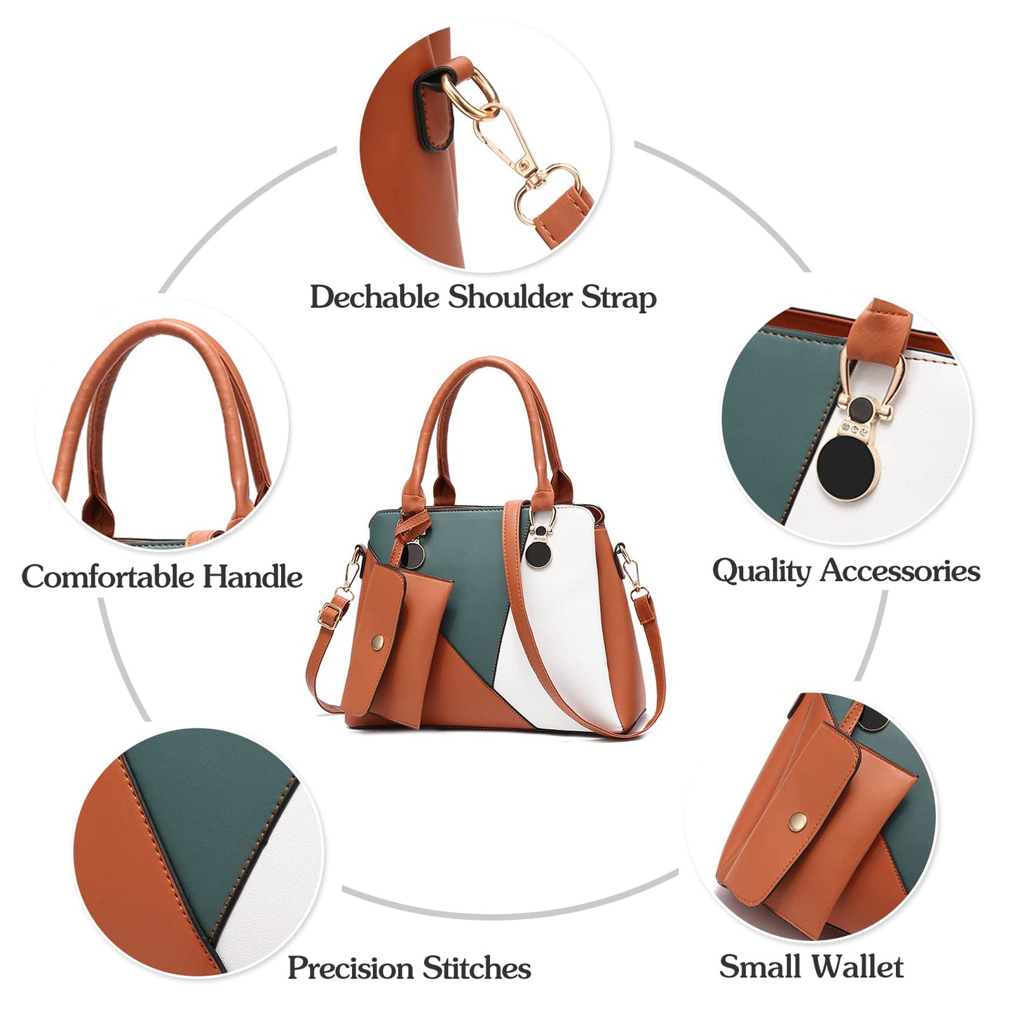 Geantă de mână Dollcini tricoloră pentru femei - Geantă elegantă de umăr și geantă crossbody din piele PU cu portofel, în mai multe culori