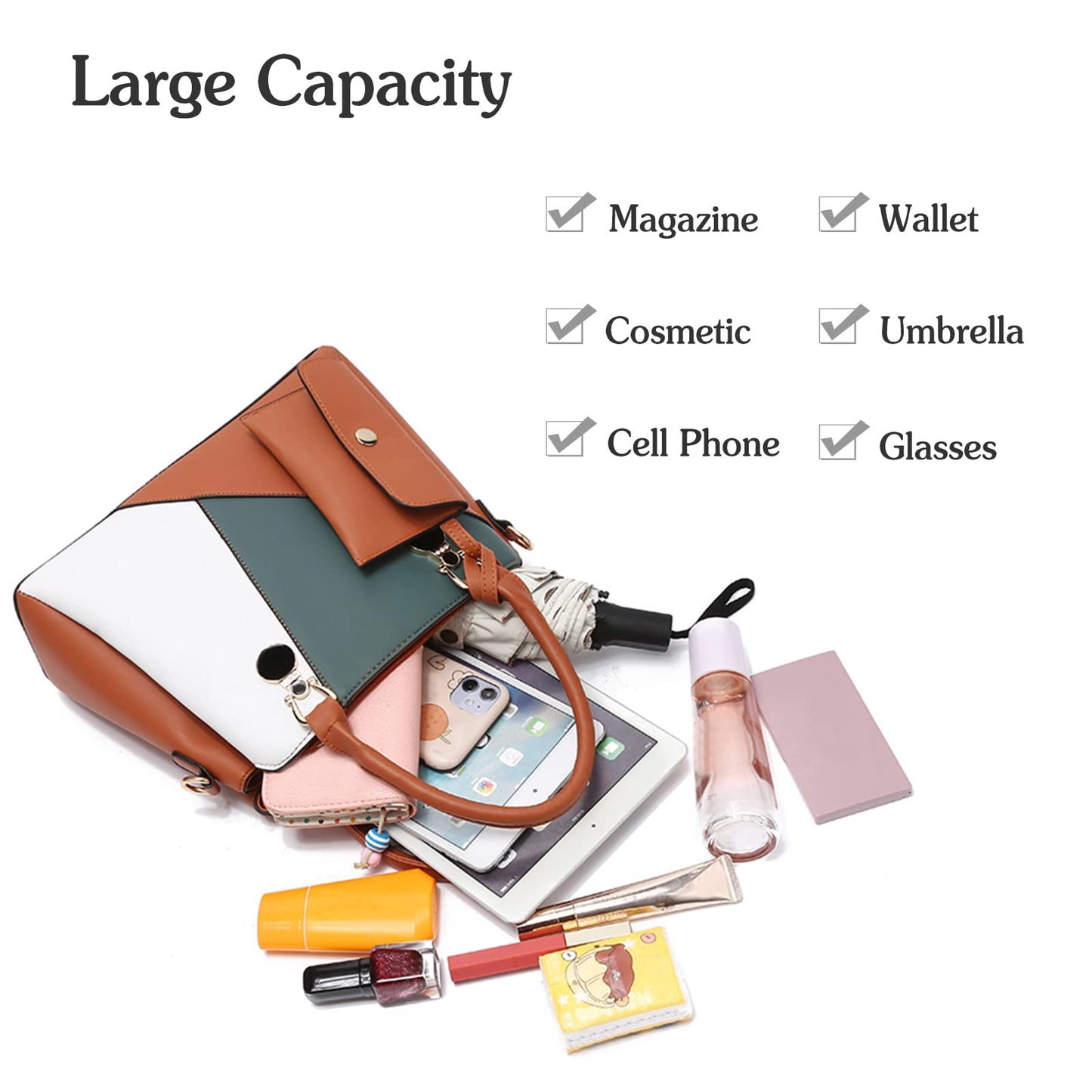 Geantă de mână Dollcini tricoloră pentru femei - Geantă elegantă de umăr și geantă crossbody din piele PU cu portofel, în mai multe culori