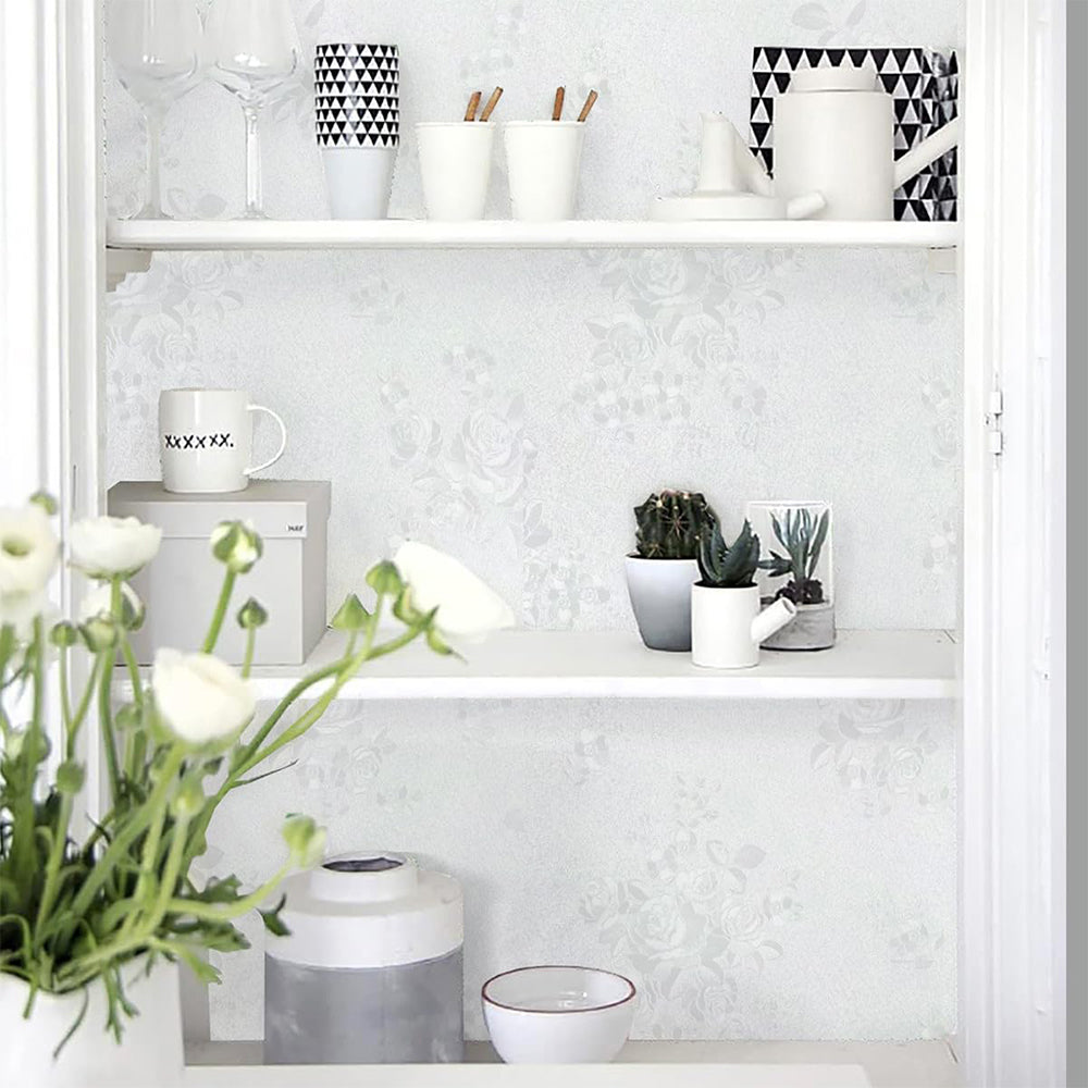 Dollcini tapet autocolant alb, tapet cu textură florală, hârtie de contact autocolantă embosată albă, alb floral potrivit pentru căptușirea rafturilor,438233, Perla albă
