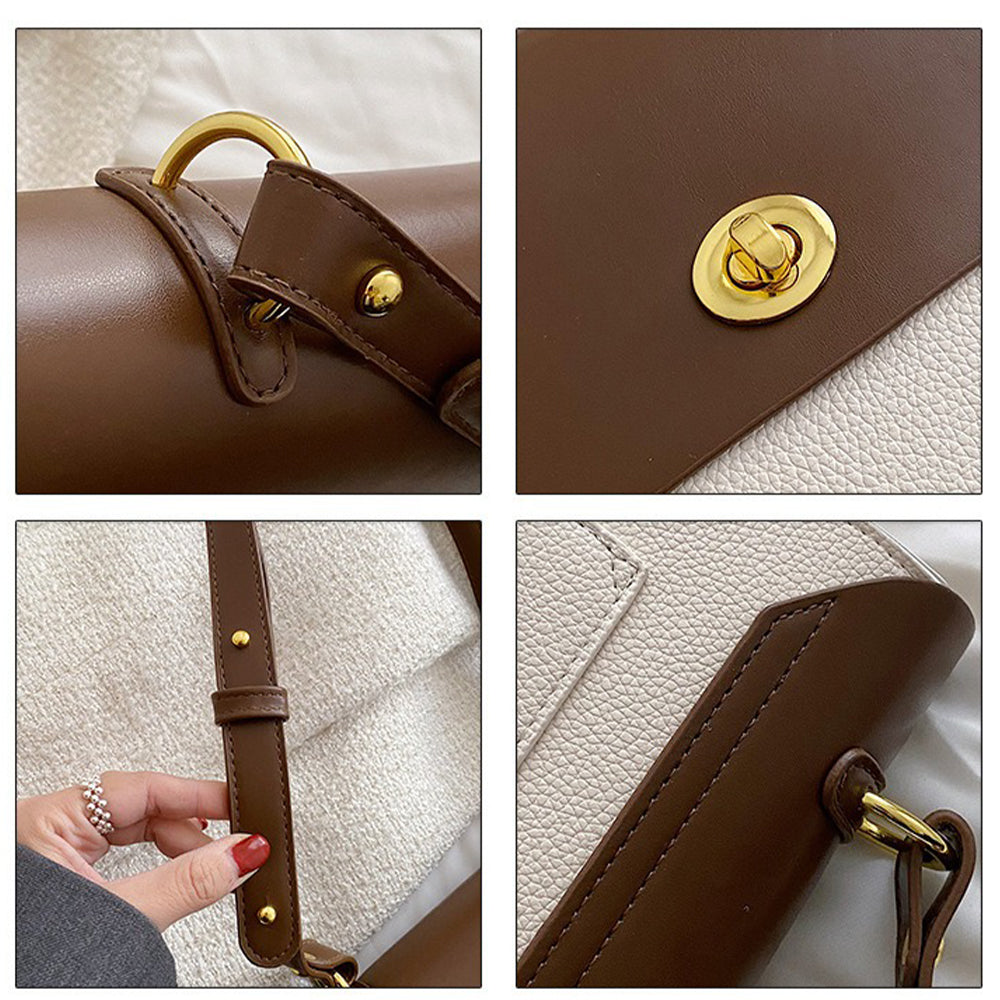 Geantă de umăr elegantă pentru femei Dollcini - Geantă premium din piele PU cu buzunare multiple și curea reglabilă pentru utilizare zilnică, maro și alb