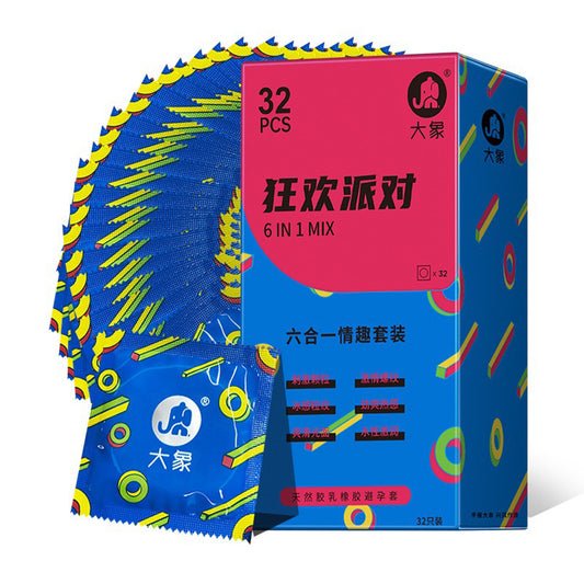 Set de prezervative Elephant 6 în 1, 32 bucăți – spiralate, granulare, răcoritoare, încălzitoare, mătăsoase și cu protecție extra lubrifiată