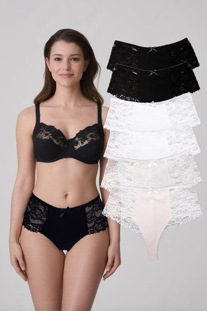 Dollcini ,Magas Derekú Női Bugyi ,Brazil Női Bugyi,Csipkés Női Bugyi -95% pamut + spandex,Többszínű,6 db-os Csomag