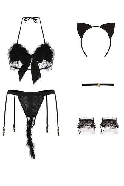 Body sexy pentru femei pisică cu voal negru – lenjerie intimă deschisă, set pentru urechi cu cadou