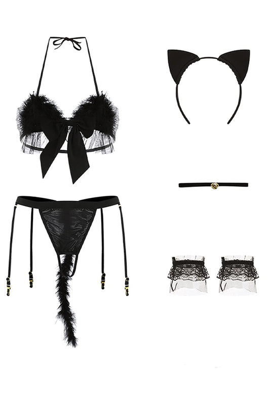 Body sexy pentru femei pisică cu voal negru – lenjerie intimă deschisă, set pentru urechi cu cadou