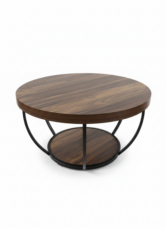 Dollcini Otthon Kerek Fa Dohányzóasztal Ipari Stílusban – Alsó Polccal