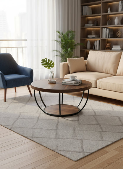 Dollcini Otthon Kerek Fa Dohányzóasztal Ipari Stílusban – Alsó Polccal