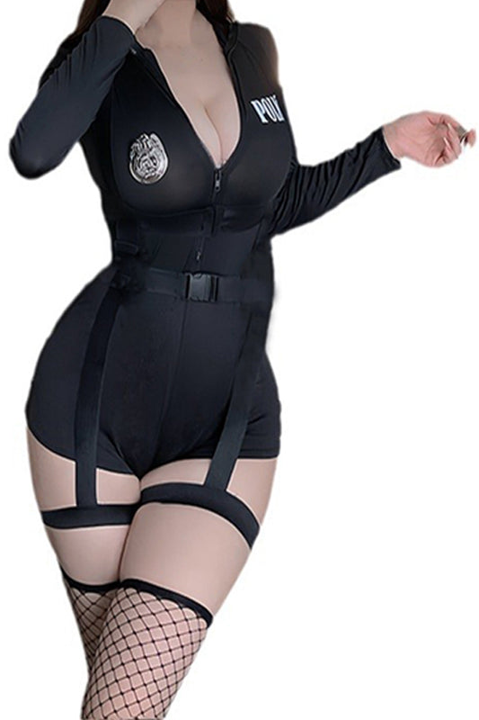 Costum de polițistă sexy Dollcini pentru femei - salopetă cu fermoar, cătușe și pălărie pentru Halloween și petreceri de cosplay