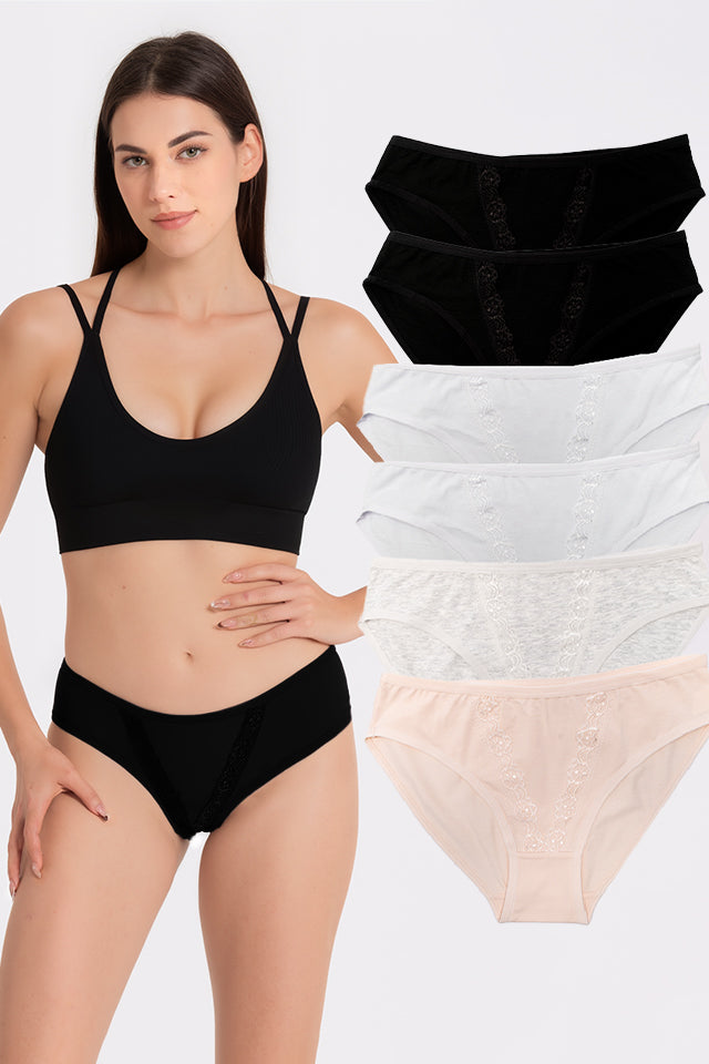 Dollcini ,Klasszikus Női Bugyi, Brazil Női Bugyi, 95% Pamut + Spandex-Többszínű, 6 db-os Csomag,89412